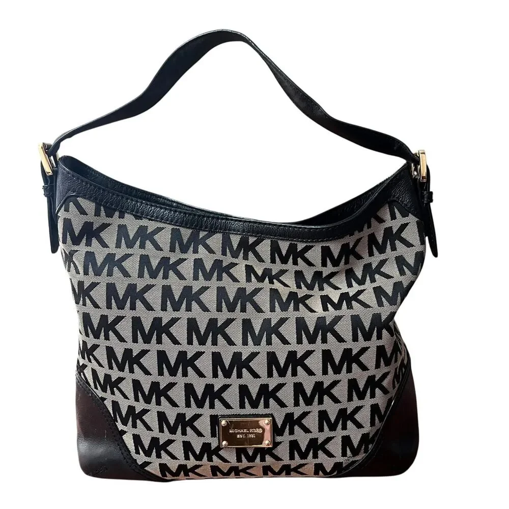 Michael Kors Hobo Bag Womens Large Black Logo Canvas Leather Shoulder Junie - Picture 13 of 13